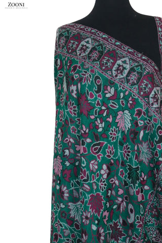 Superfine Pure Merino Kaani Jaamawar Shawl - Green - Zooni | Kashmir Originals Superfine Pure Merino Kaani Jaamawar Shawl - Green - Zooni | Kashmir Originals