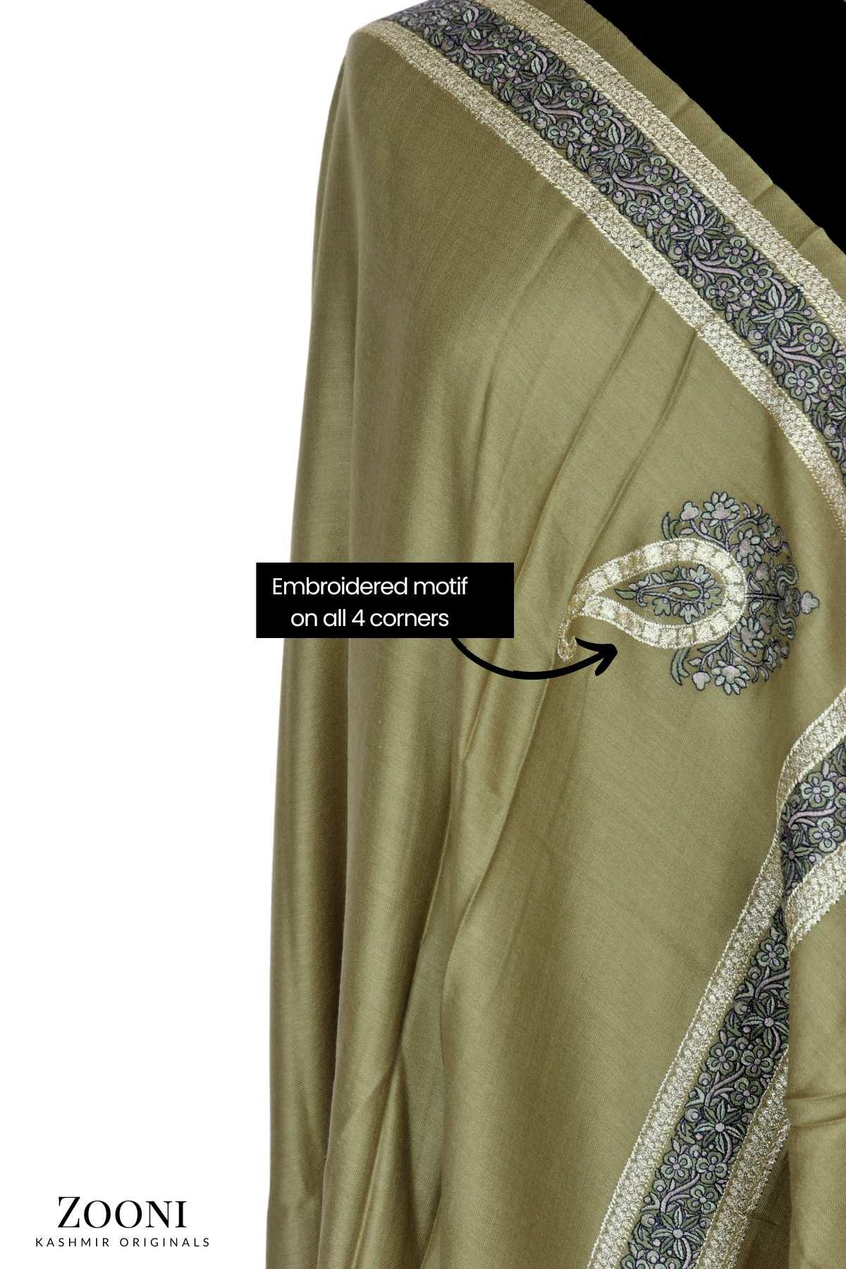 Zarri Tilla Doar Embroidered Merino Wool Shawl - Shadow - Zooni | Kashmir Originals