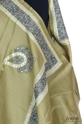 Zarri Tilla Doar Embroidered Merino Wool Shawl - Shadow - Zooni | Kashmir Originals Zarri Tilla Doar Embroidered Merino Wool Shawl - Shadow - Zooni | Kashmir Originals