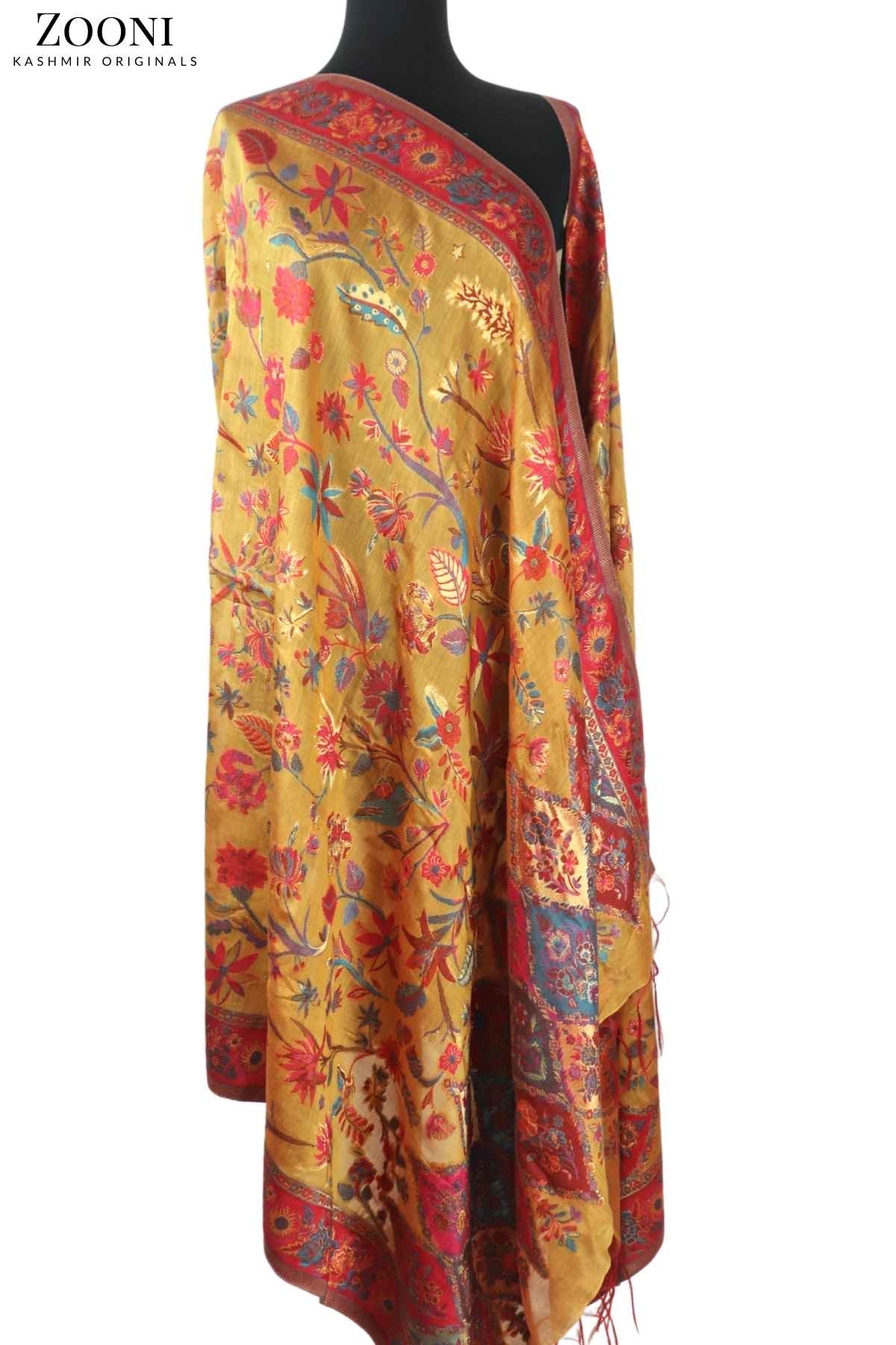 Superfine Kaani Jaamawar Silk Summer Shawl - Sunny Side - Zooni | Kashmir Originals