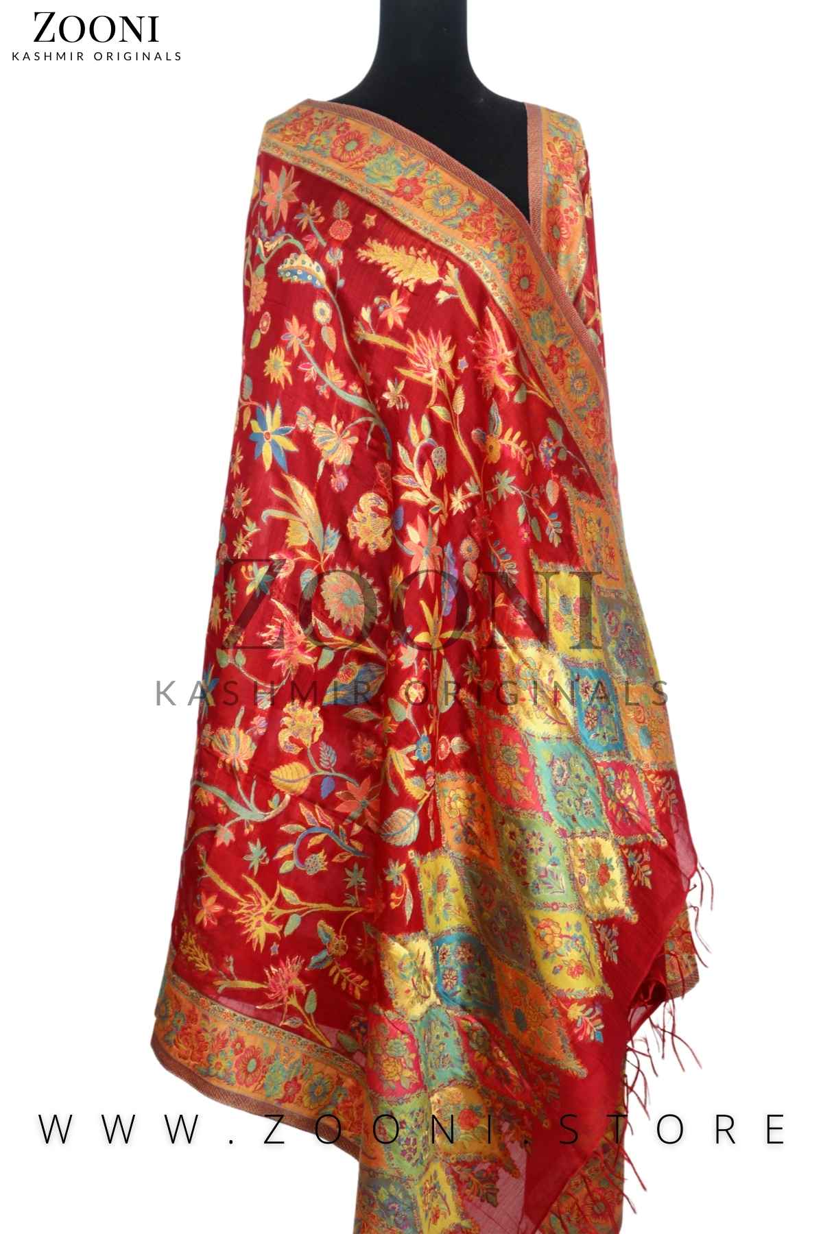 Superfine Kaani Jaamawar Silk Summer Shawl - Thunderbird Red and Gold - Zooni | Kashmir Originals