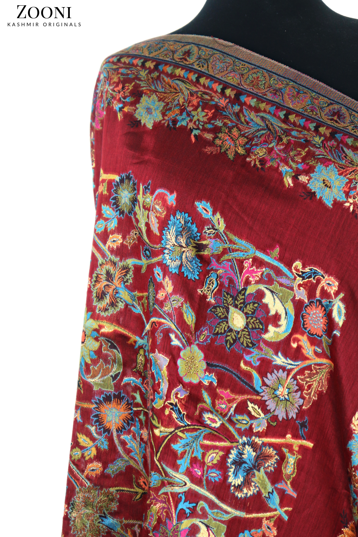 Superfine Kaani Jaamawar Silk Summer Shawl - Mexican Red - Zooni | Kashmir Originals