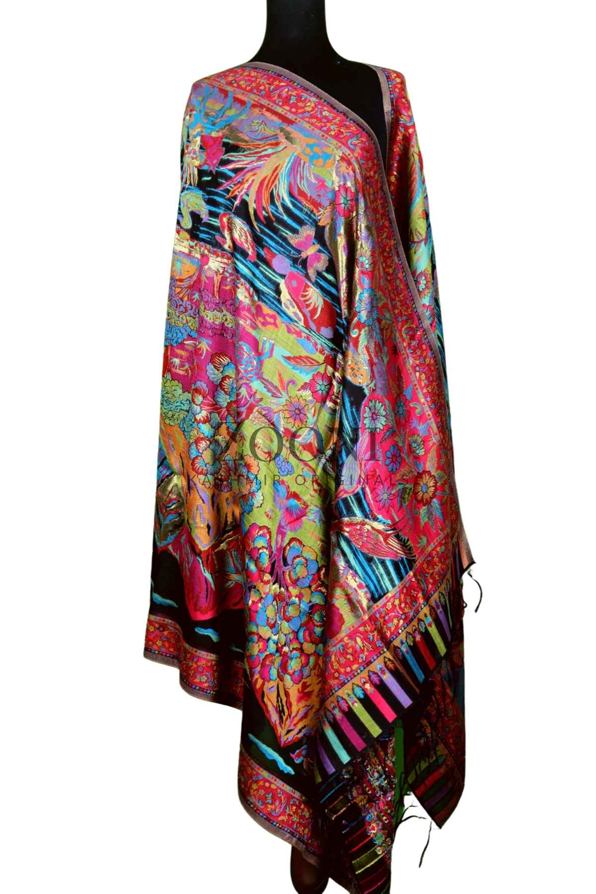 Superfine Kaani Jaamawar Silk Summer Shawl - Forest Contrast - Zooni | Kashmir Originals