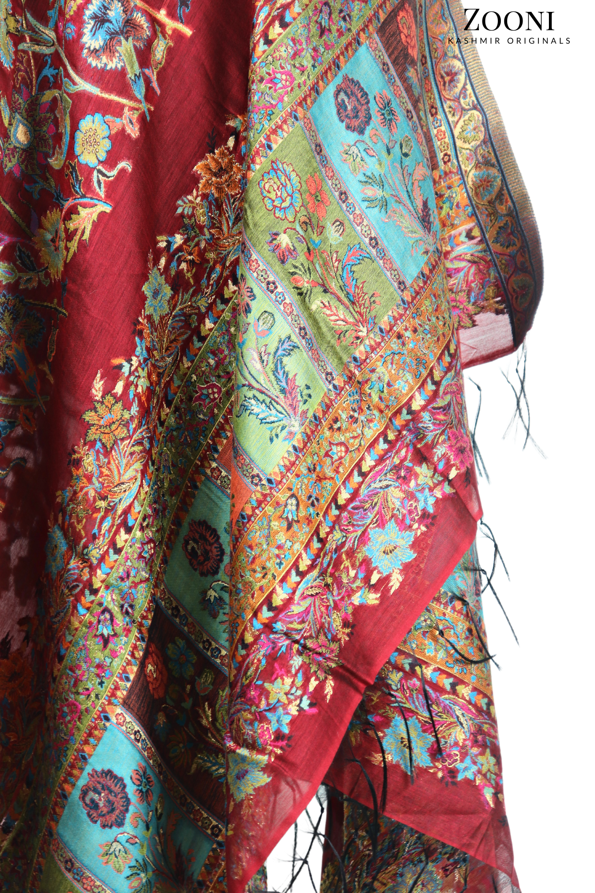 Superfine Kaani Jaamawar Silk Summer Shawl - Mexican Red - Zooni | Kashmir Originals