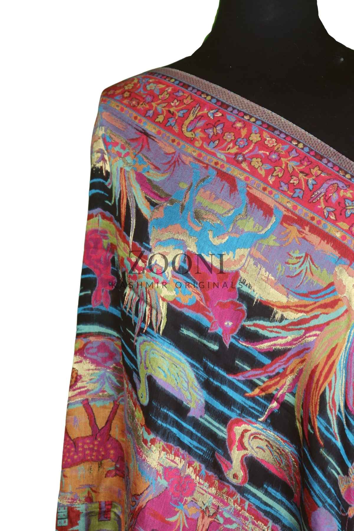 Superfine Kaani Jaamawar Silk Summer Shawl - Forest Contrast - Zooni | Kashmir Originals