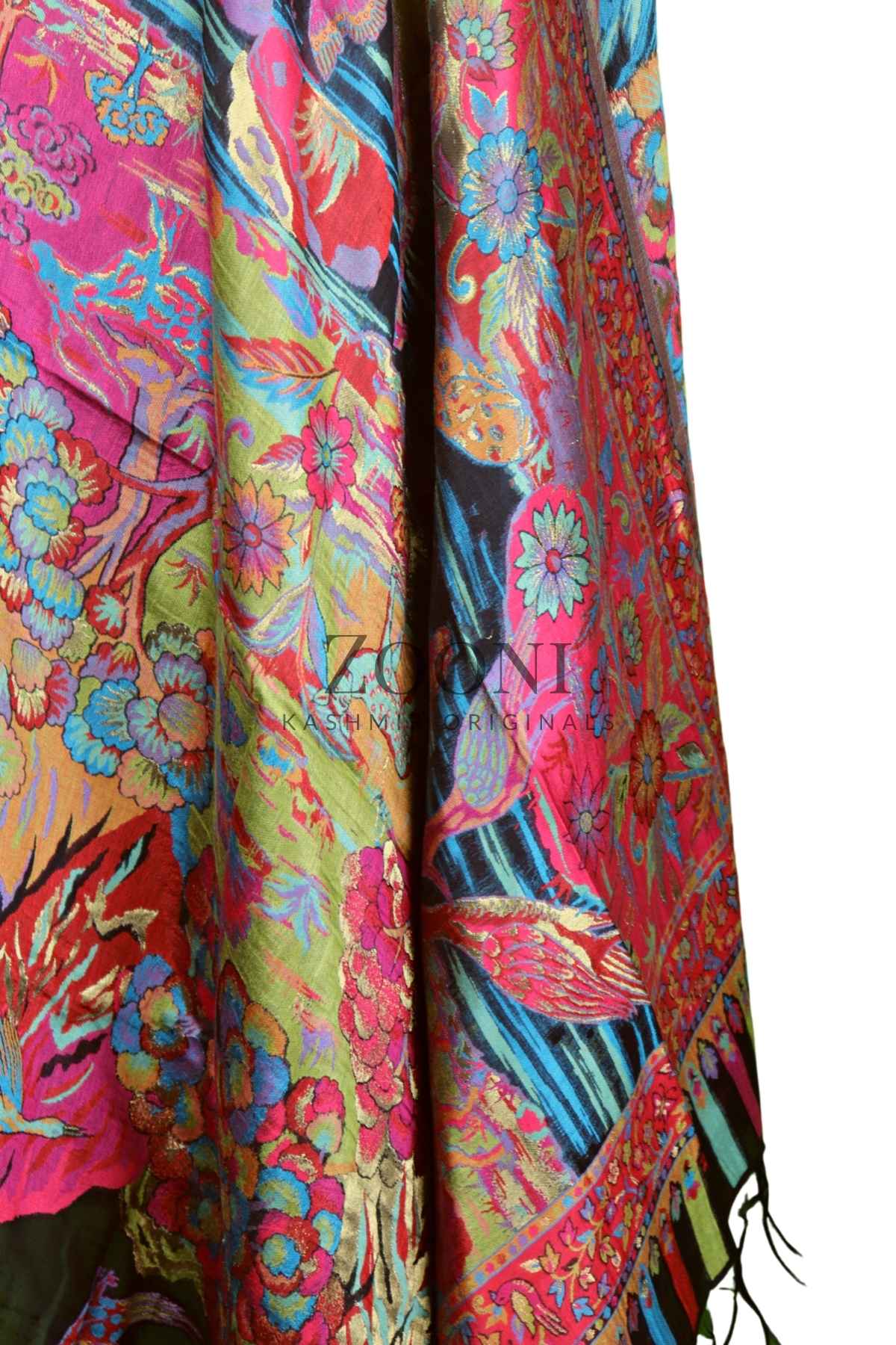 Superfine Kaani Jaamawar Silk Summer Shawl - Forest Contrast - Zooni | Kashmir Originals