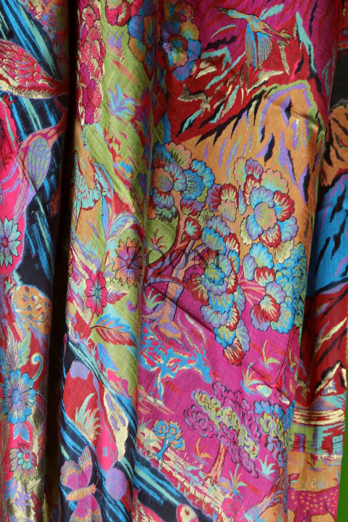 Superfine Kaani Jaamawar Silk Summer Shawl - Forest Contrast - Zooni | Kashmir Originals