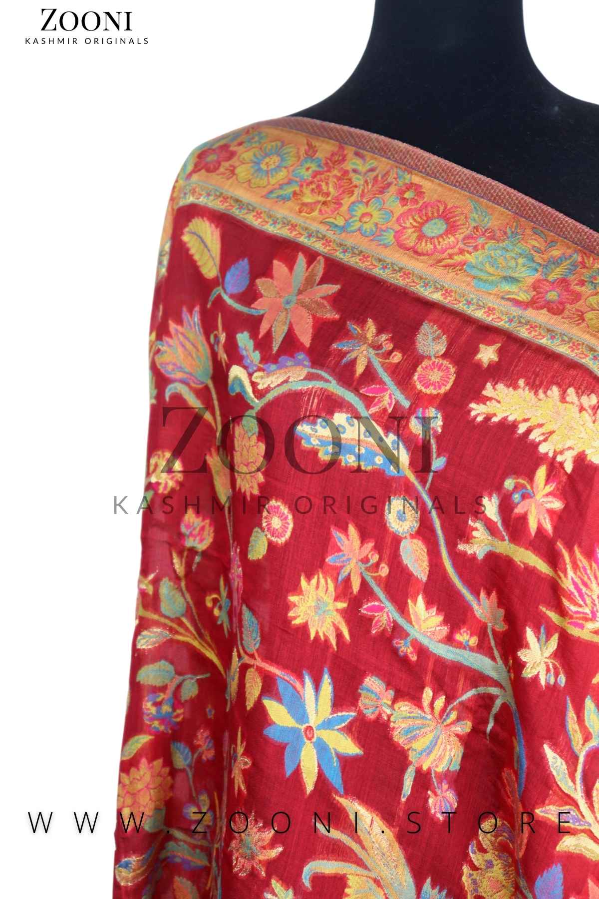 Superfine Kaani Jaamawar Silk Summer Shawl - Thunderbird Red and Gold - Zooni | Kashmir Originals