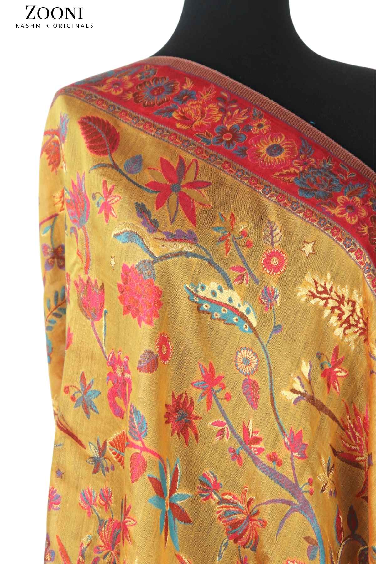 Superfine Kaani Jaamawar Silk Summer Shawl - Sunny Side - Zooni | Kashmir Originals