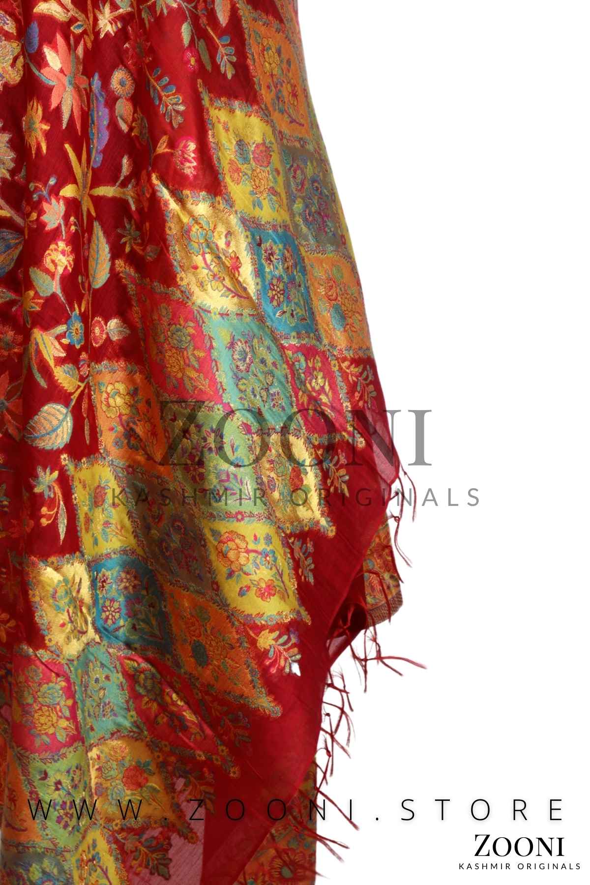 Superfine Kaani Jaamawar Silk Summer Shawl - Thunderbird Red and Gold - Zooni | Kashmir Originals
