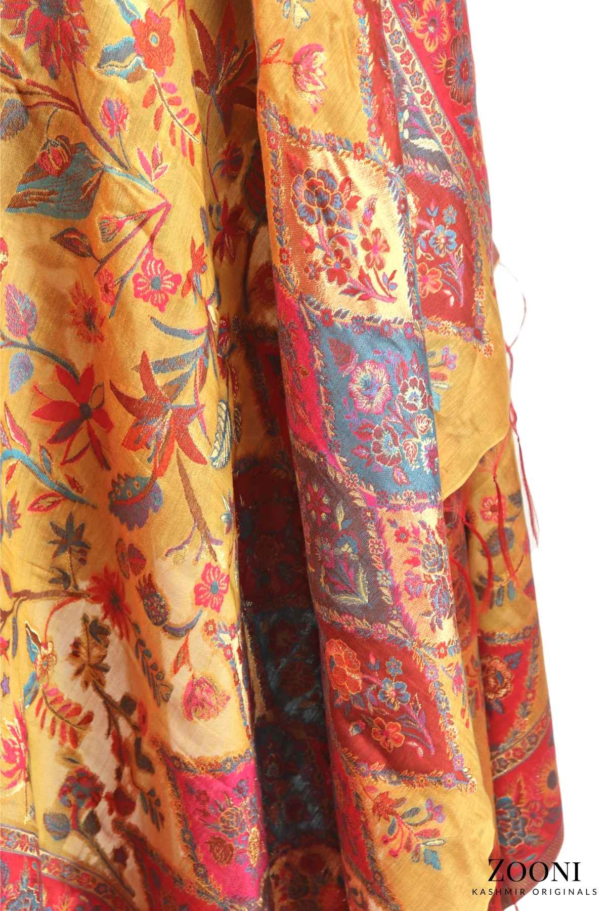Superfine Kaani Jaamawar Silk Summer Shawl - Sunny Side - Zooni | Kashmir Originals