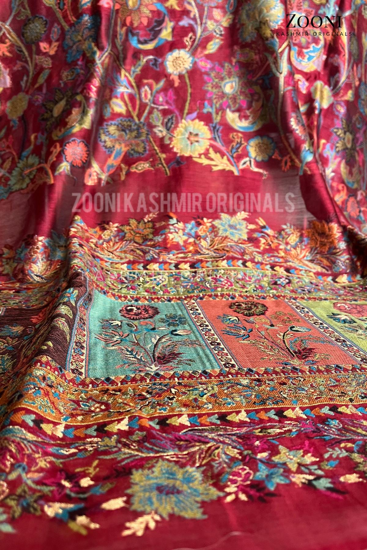 Superfine Kaani Jaamawar Silk Summer Shawl - Mexican Red - Zooni | Kashmir Originals