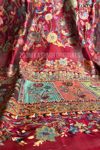 Superfine Kaani Jaamawar Silk Summer Shawl - Mexican Red - Zooni | Kashmir Originals Superfine Kaani Jaamawar Silk Summer Shawl - Mexican Red - Zooni | Kashmir Originals