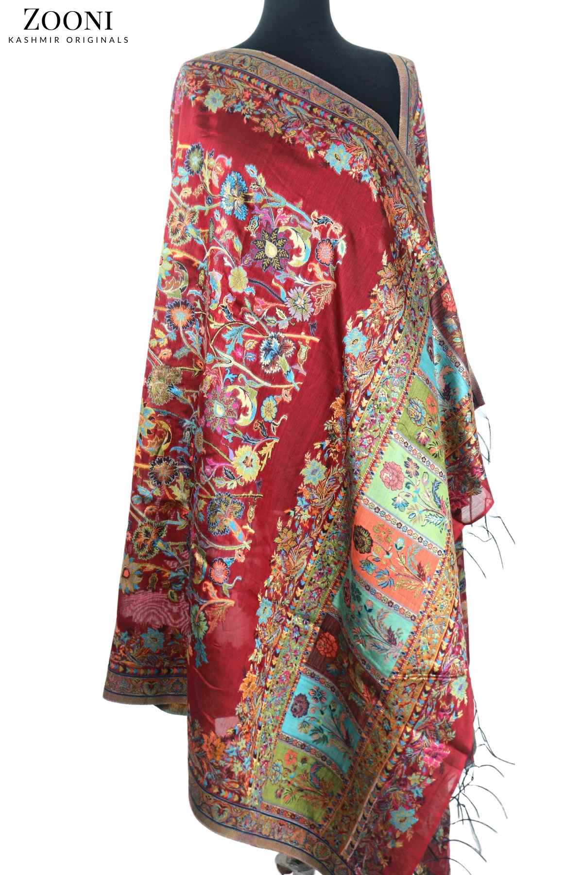 Superfine Kaani Jaamawar Silk Summer Shawl - Mexican Red - Zooni | Kashmir Originals