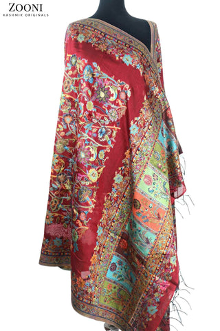 Superfine Kaani Jaamawar Silk Summer Shawl - Mexican Red - Zooni | Kashmir Originals Superfine Kaani Jaamawar Silk Summer Shawl - Mexican Red - Zooni | Kashmir Originals