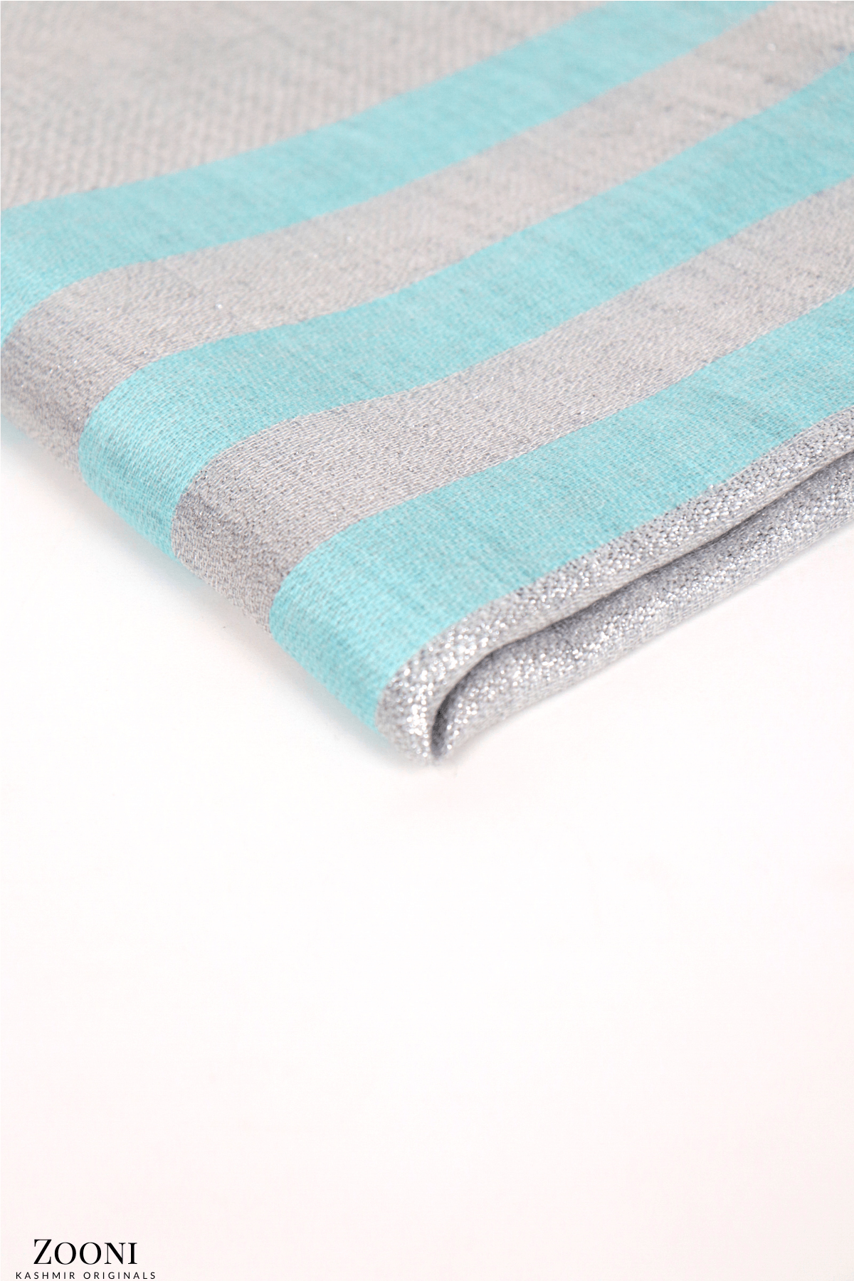 Cashmere Striped Lurex Stole - Aqua Island and Silver - Zooni | Kashmir Originals