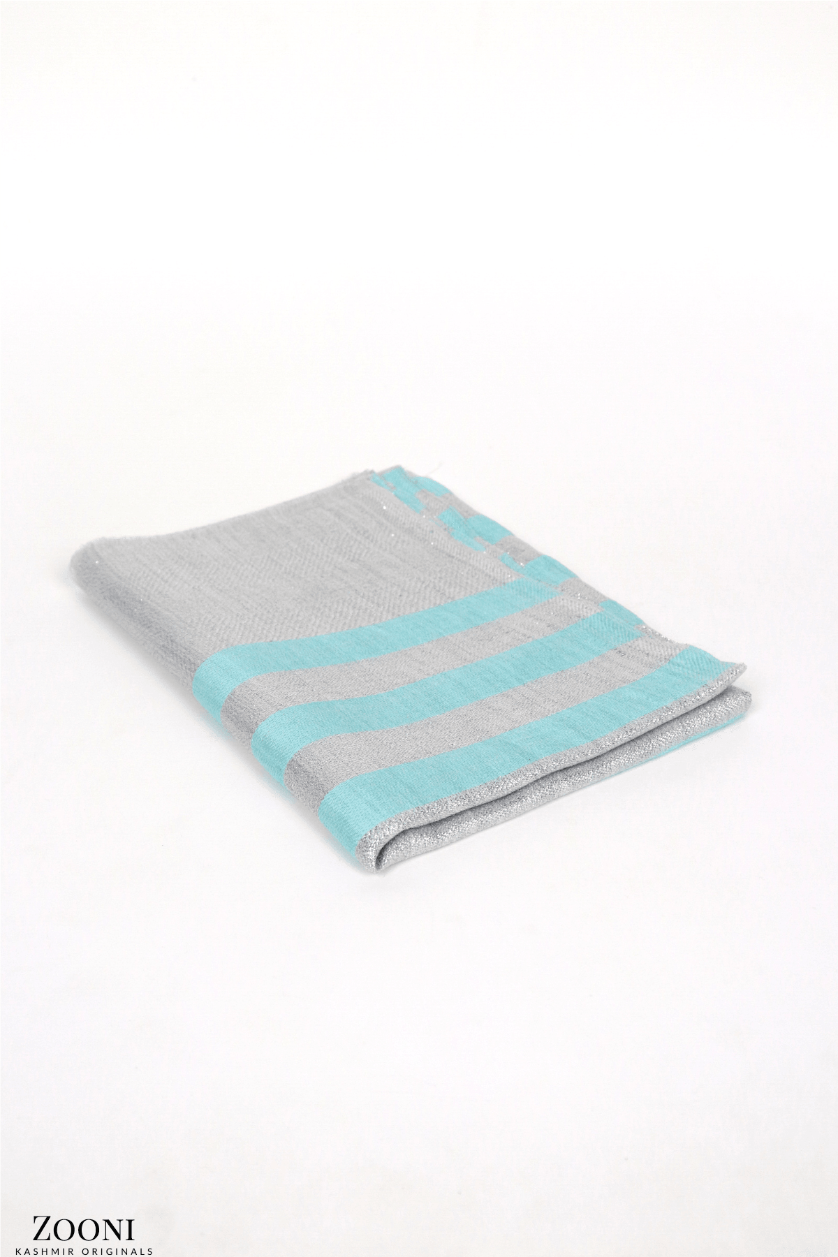 Cashmere Striped Lurex Stole - Aqua Island and Silver - Zooni | Kashmir Originals