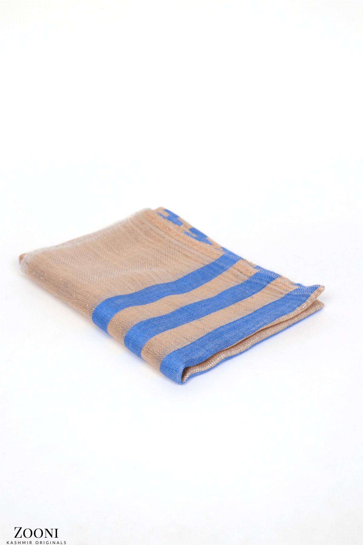 Cashmere Striped Lurex Stole - Havelock Blue and Gold - Zooni | Kashmir Originals