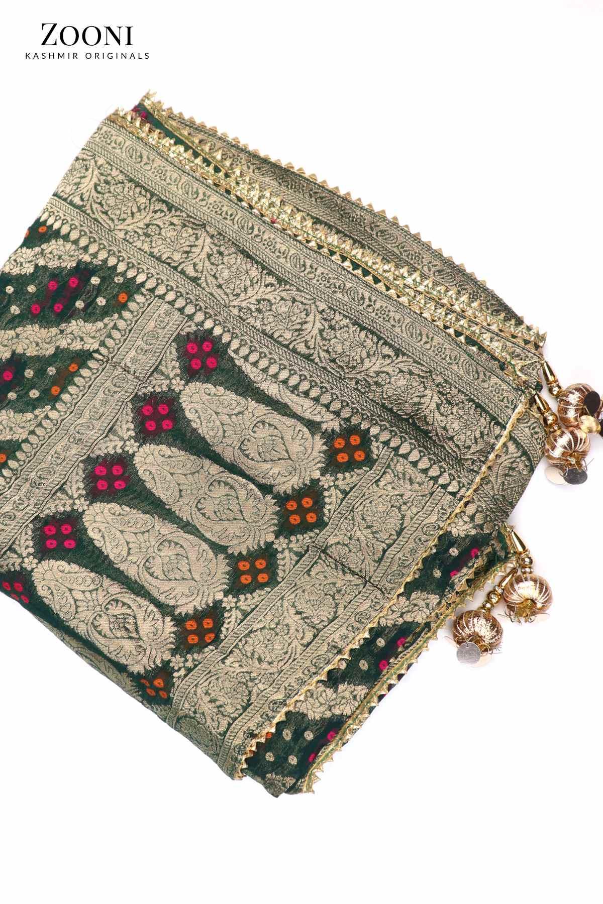 FESTIVE: 3 Piece Hand Embroidered Chanderi Silk Unstitched - Summer Green & Beige - Zooni | Kashmir Originals