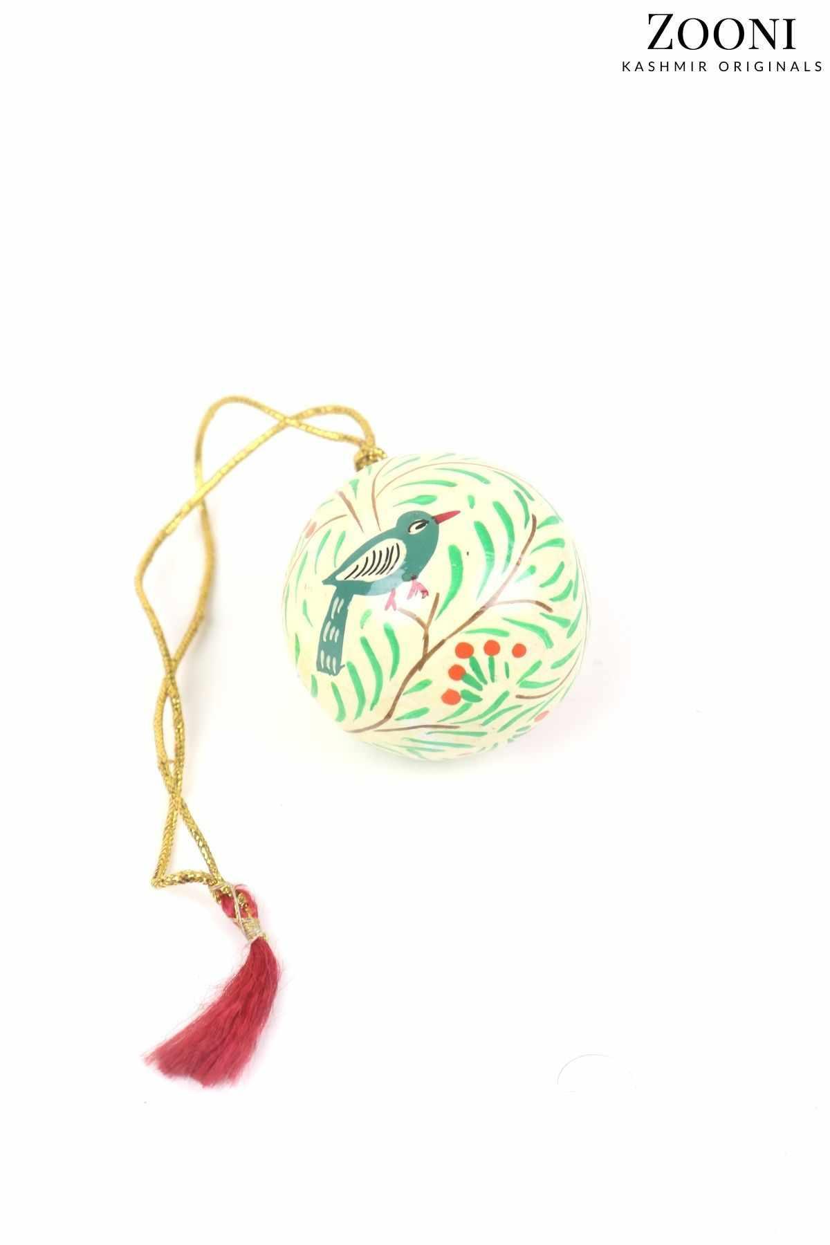 Handmade Papier Mache Festive Decorative Hanging Ball - Off-White Birds (Small) - Zooni | Kashmir Originals
