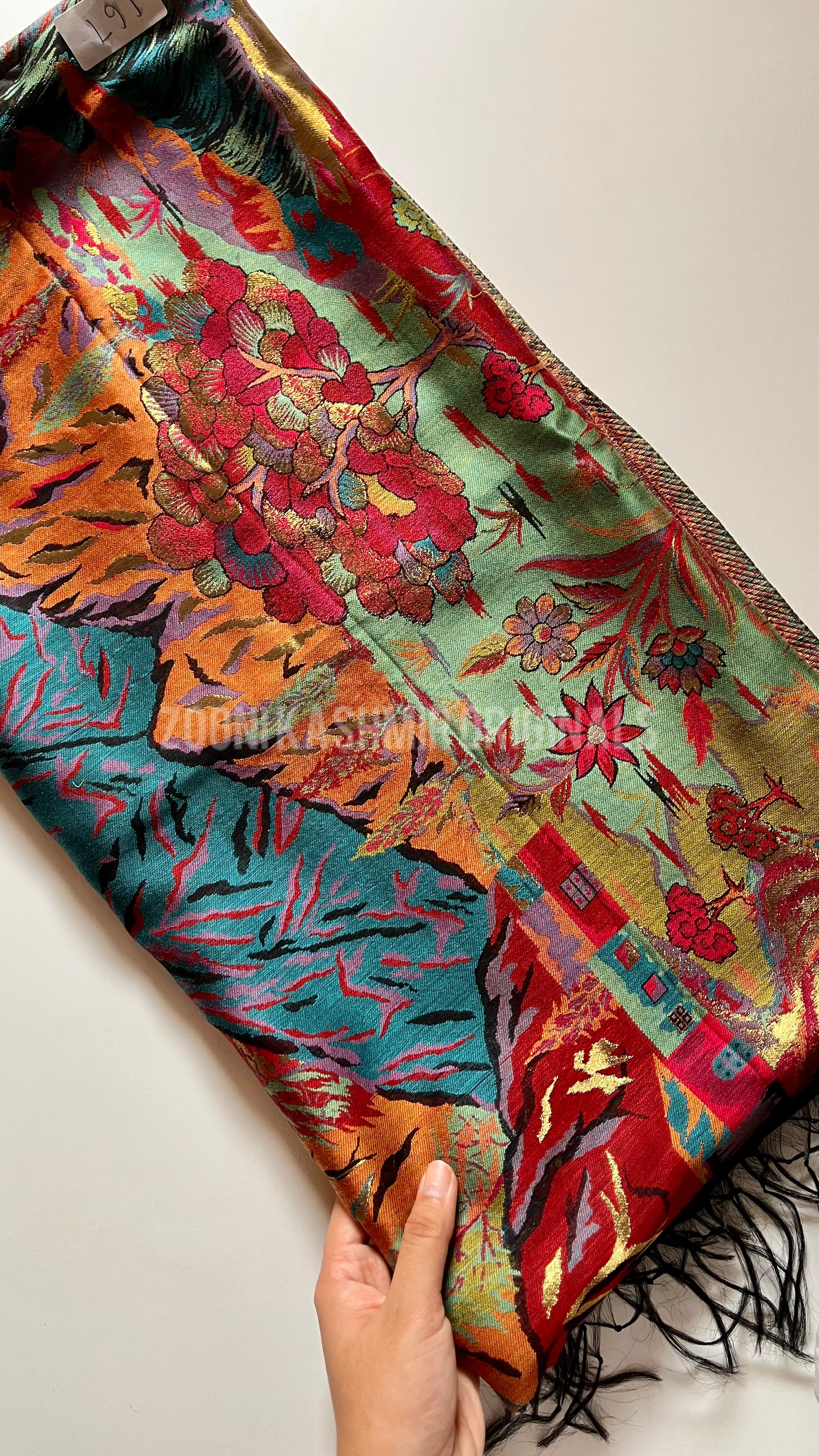 Superfine Kaani Jaamawar Silk Summer Shawl - Forest Contrast - Zooni | Kashmir Originals