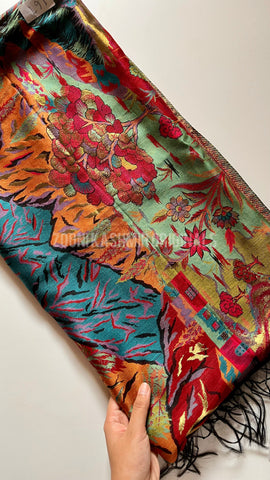 Superfine Kaani Jaamawar Silk Summer Shawl - Forest Contrast - Zooni | Kashmir Originals Superfine Kaani Jaamawar Silk Summer Shawl - Forest Contrast - Zooni | Kashmir Originals