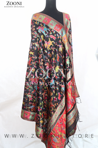 Superfine Kaani Jaamawar Silk Summer Shawl - Black Shikargah - Zooni | Kashmir Originals Superfine Kaani Jaamawar Silk Summer Shawl - Black Shikargah - Zooni | Kashmir Originals