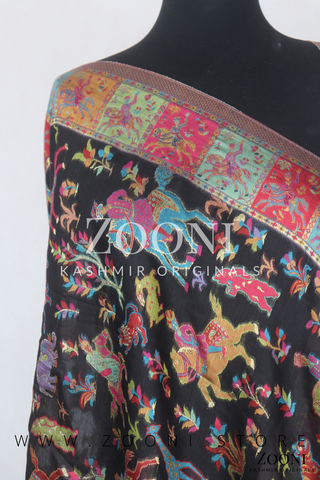 Superfine Kaani Jaamawar Silk Summer Shawl - Black Shikargah - Zooni | Kashmir Originals Superfine Kaani Jaamawar Silk Summer Shawl - Black Shikargah - Zooni | Kashmir Originals