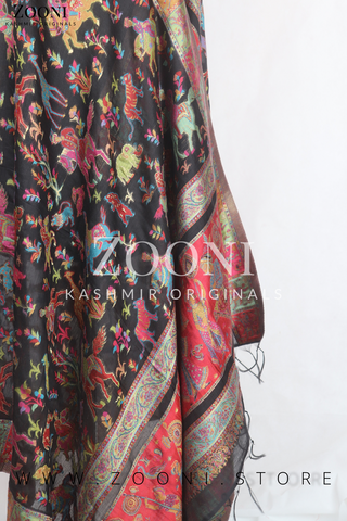 Superfine Kaani Jaamawar Silk Summer Shawl - Black Shikargah - Zooni | Kashmir Originals Superfine Kaani Jaamawar Silk Summer Shawl - Black Shikargah - Zooni | Kashmir Originals