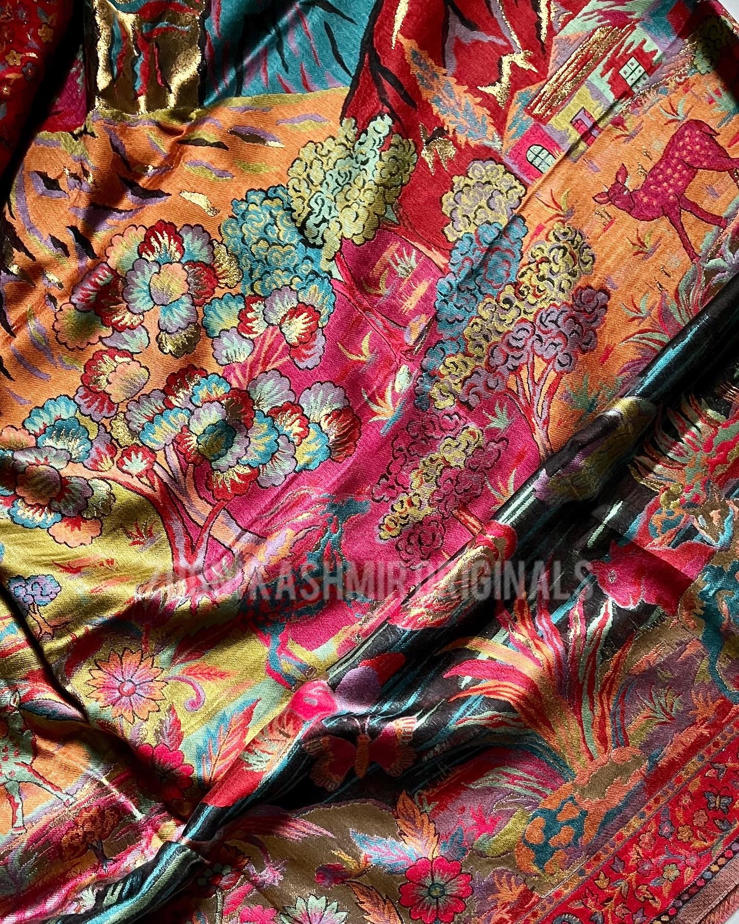 Superfine Kaani Jaamawar Silk Summer Shawl - Forest Contrast - Zooni | Kashmir Originals