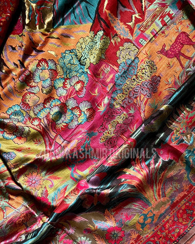 Superfine Kaani Jaamawar Silk Summer Shawl - Forest Contrast - Zooni | Kashmir Originals Superfine Kaani Jaamawar Silk Summer Shawl - Forest Contrast - Zooni | Kashmir Originals