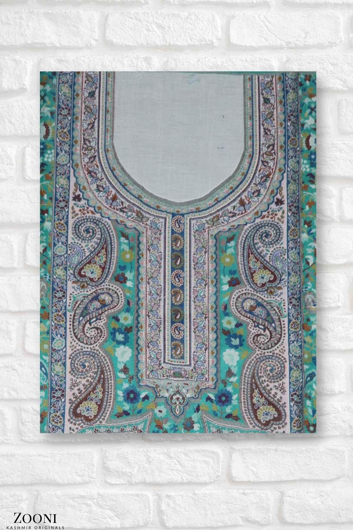 Limited Edition 3 Piece Woollen Blend Kaani Weave Unstitched Winter Suit - Sea Green - Zooni | Kashmir Originals