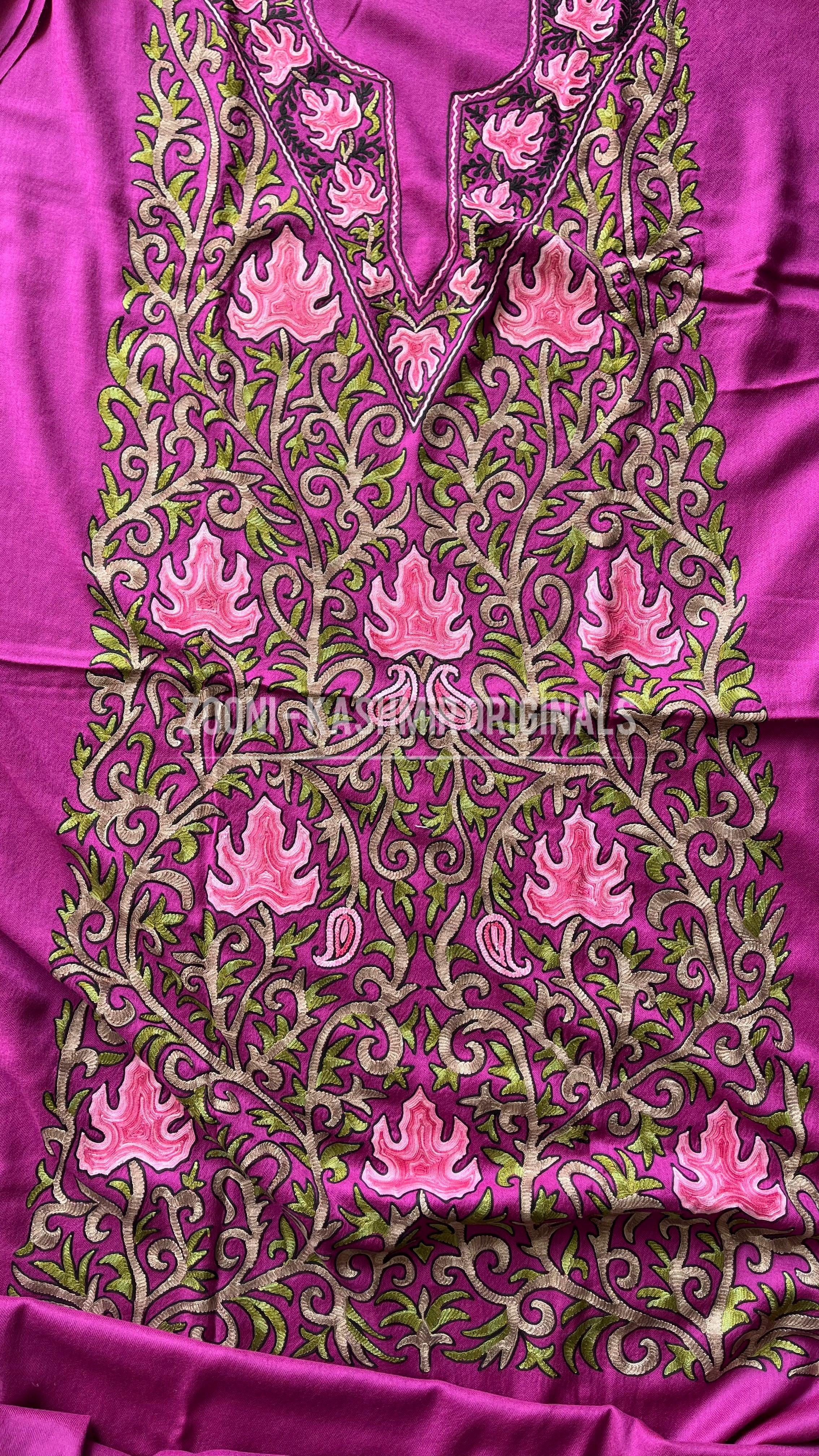 Limited Edition: Luxury 3 Piece Embroidered Kashmiri Unstitched Winter Suit - Magenta - Zooni | Kashmir Originals