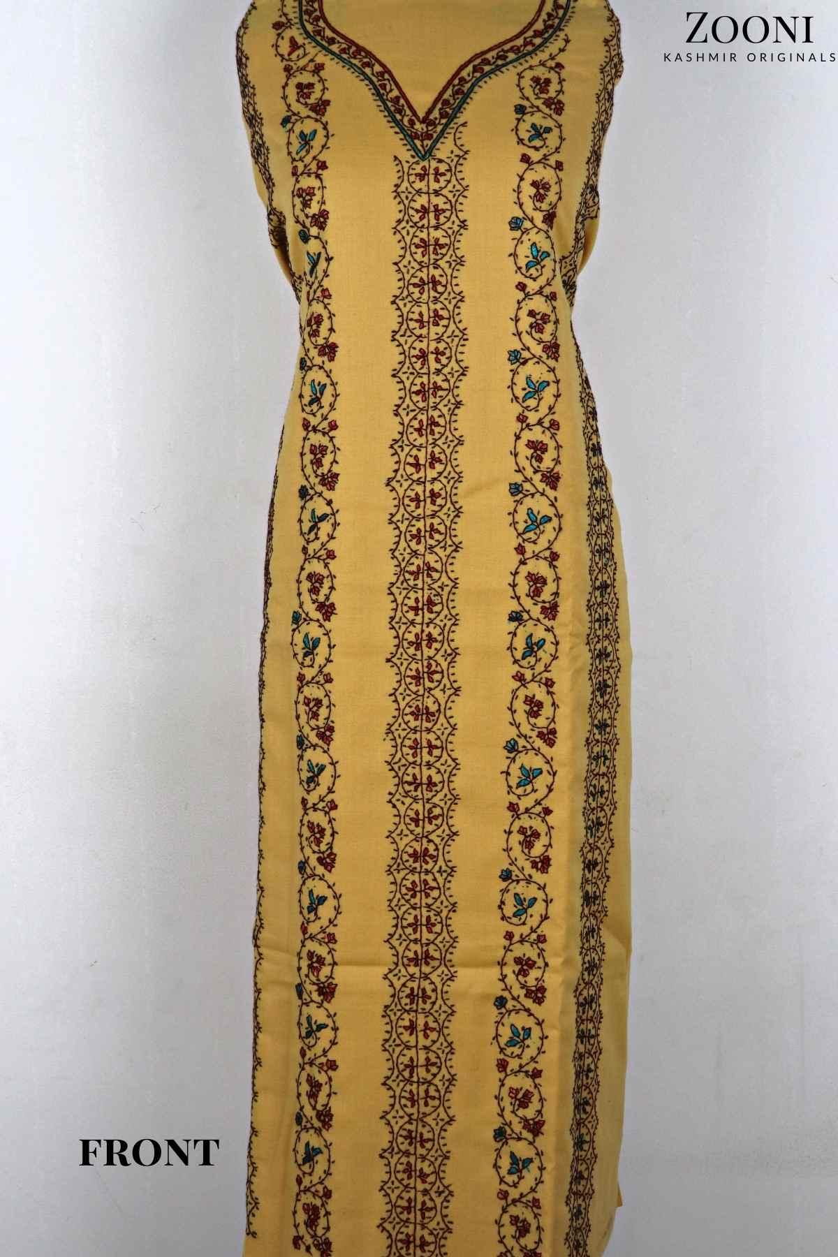 Limited Edition: Luxury 3 Piece Hand Embroidered Kashmiri Unstitched Winter Suit - Old Gold Yellow - Zooni | Kashmir Originals