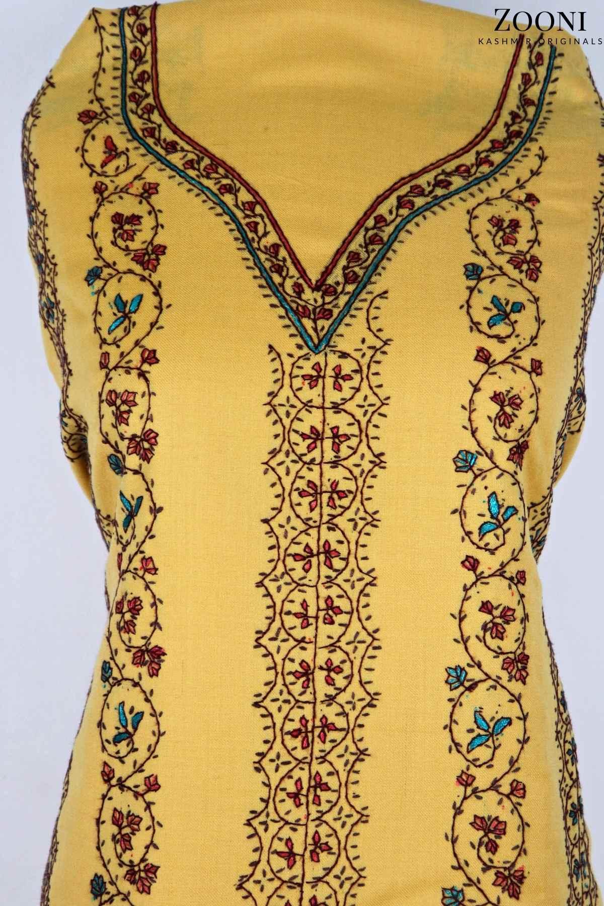 Limited Edition: Luxury 3 Piece Hand Embroidered Kashmiri Unstitched Winter Suit - Old Gold Yellow - Zooni | Kashmir Originals