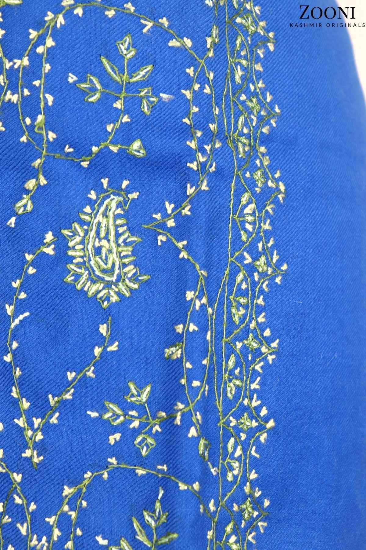 Limited Edition: Luxury 3 Piece Hand Embroidered Kashmiri Unstitched Winter Suit - Persian Blue and Fern Green - Zooni | Kashmir Originals