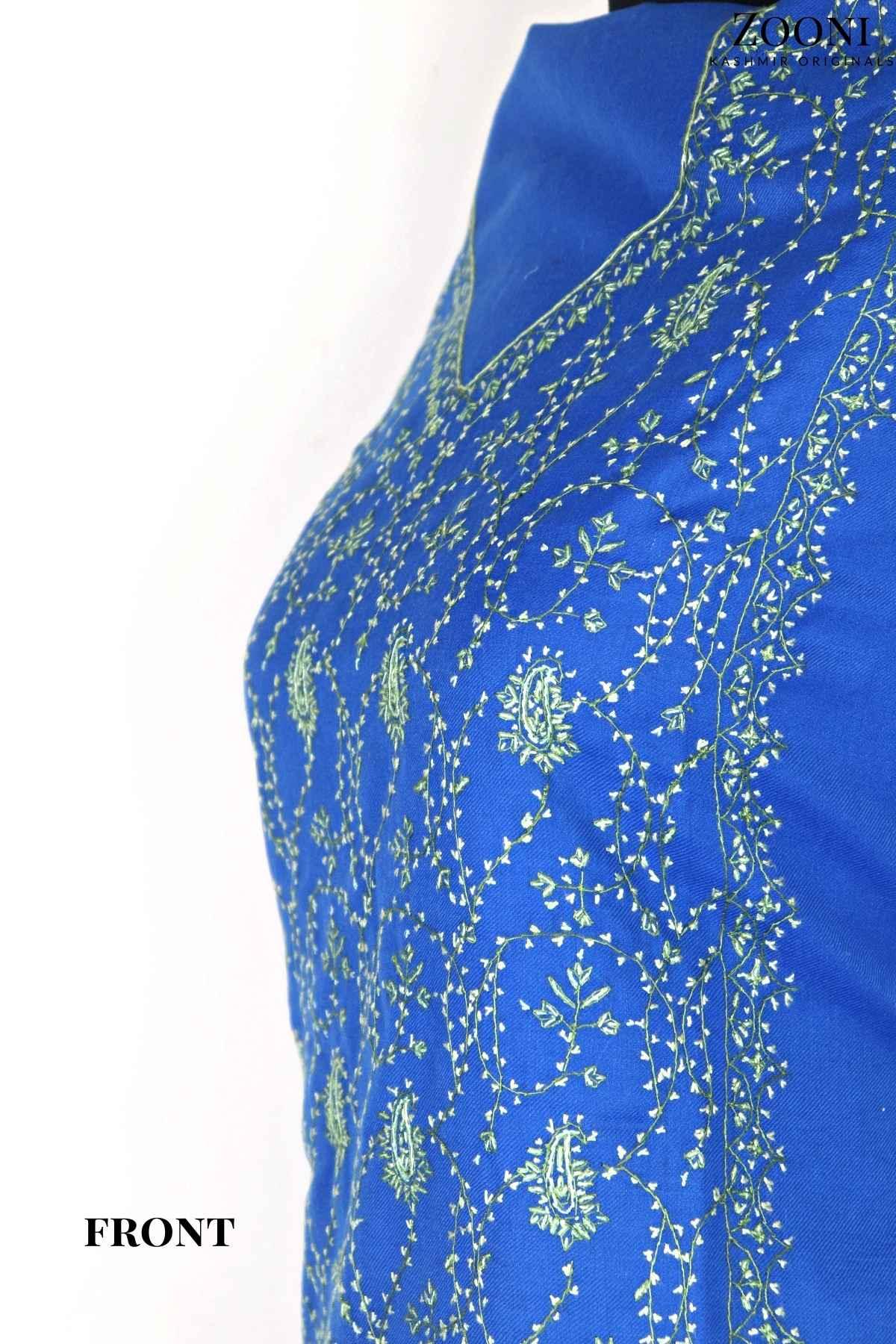 Limited Edition: Luxury 3 Piece Hand Embroidered Kashmiri Unstitched Winter Suit - Persian Blue and Fern Green - Zooni | Kashmir Originals
