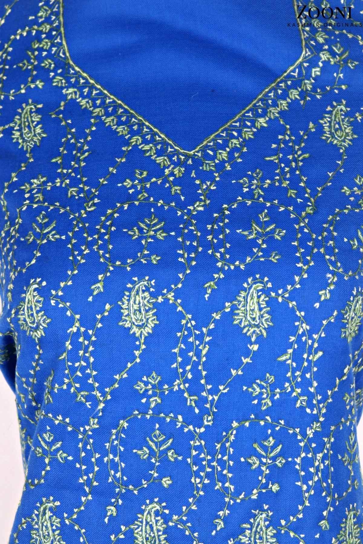 Limited Edition: Luxury 3 Piece Hand Embroidered Kashmiri Unstitched Winter Suit - Persian Blue and Fern Green - Zooni | Kashmir Originals