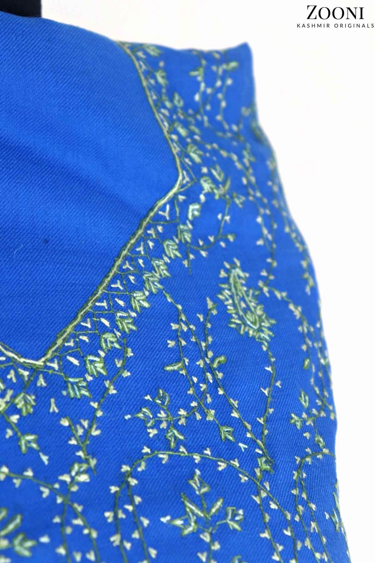 Limited Edition: Luxury 3 Piece Hand Embroidered Kashmiri Unstitched Winter Suit - Persian Blue and Fern Green - Zooni | Kashmir Originals