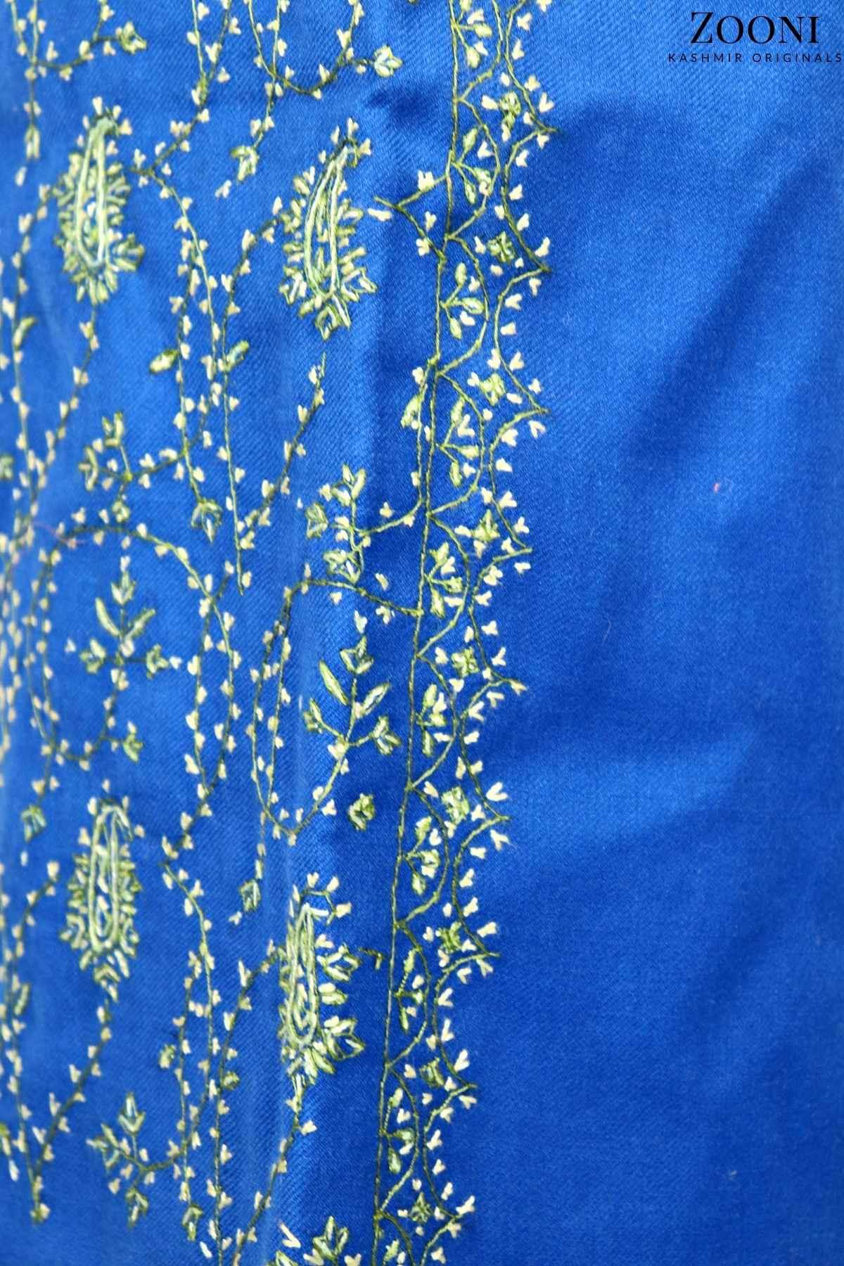 Limited Edition: Luxury 3 Piece Hand Embroidered Kashmiri Unstitched Winter Suit - Persian Blue and Fern Green - Zooni | Kashmir Originals