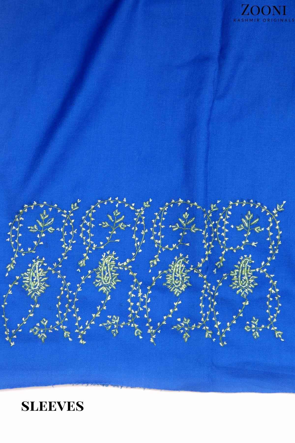 Limited Edition: Luxury 3 Piece Hand Embroidered Kashmiri Unstitched Winter Suit - Persian Blue and Fern Green - Zooni | Kashmir Originals
