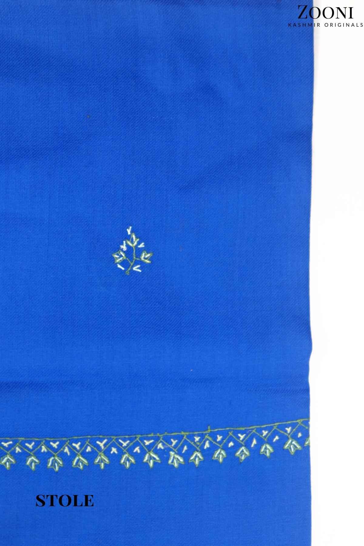 Limited Edition: Luxury 3 Piece Hand Embroidered Kashmiri Unstitched Winter Suit - Persian Blue and Fern Green - Zooni | Kashmir Originals
