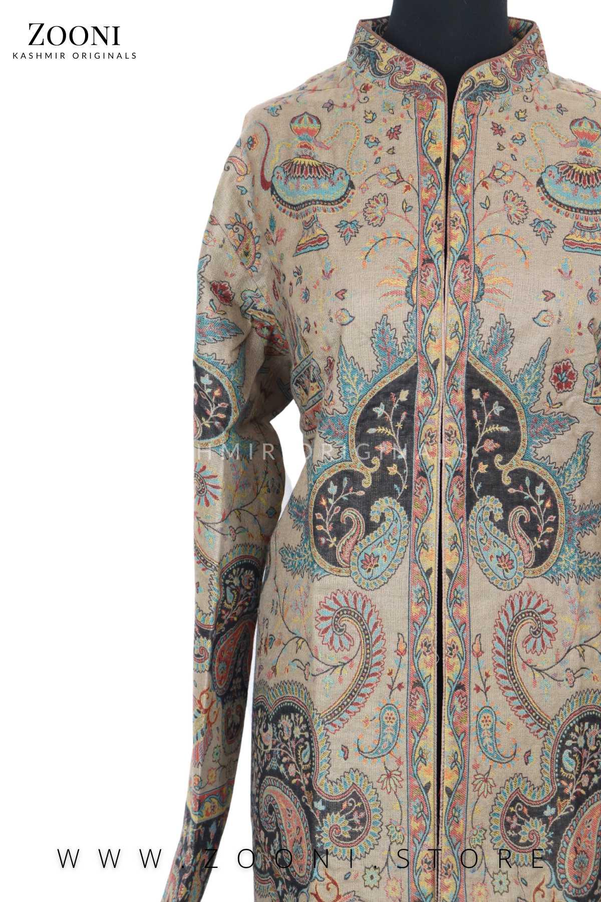 Royal - Limited Edition Stitched Kaani Woven Women's Luxury Coat - Pale Oyster - Zooni | Kashmir Originals