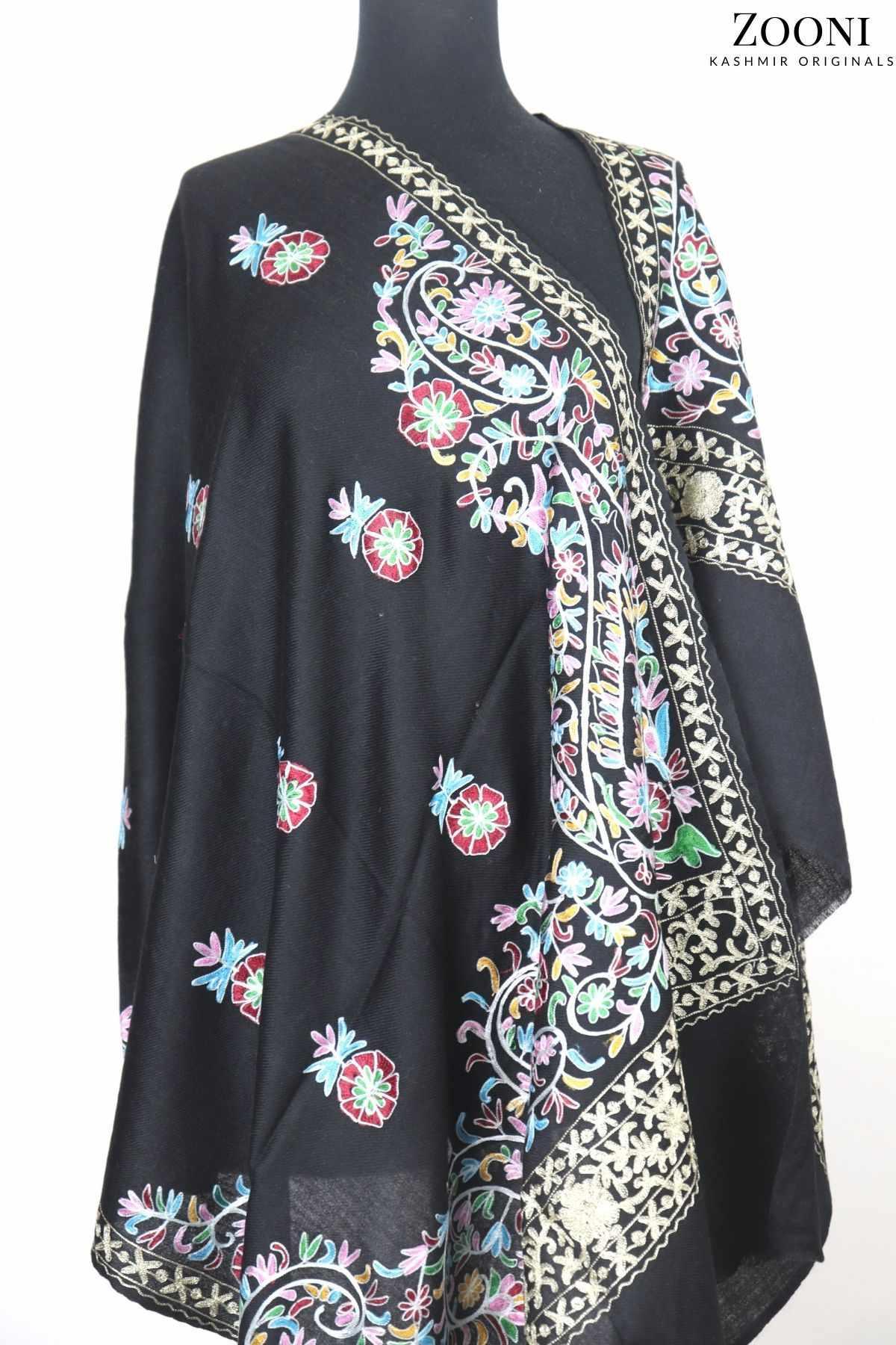 Superfine Cashmere Aari Embroidered Wrap - Black Floral - Zooni | Kashmir Originals