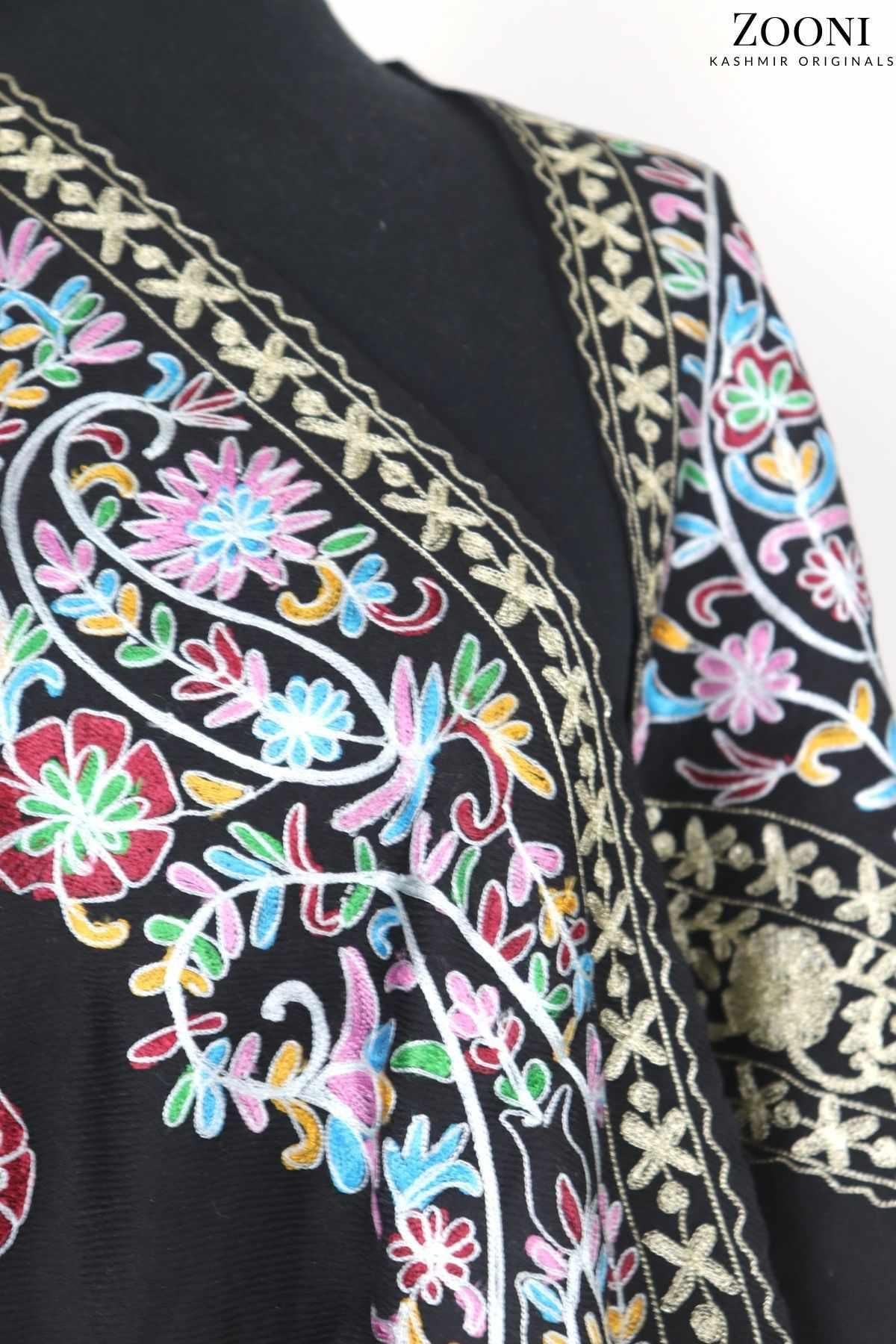 Superfine Cashmere Aari Embroidered Wrap - Black Floral - Zooni | Kashmir Originals