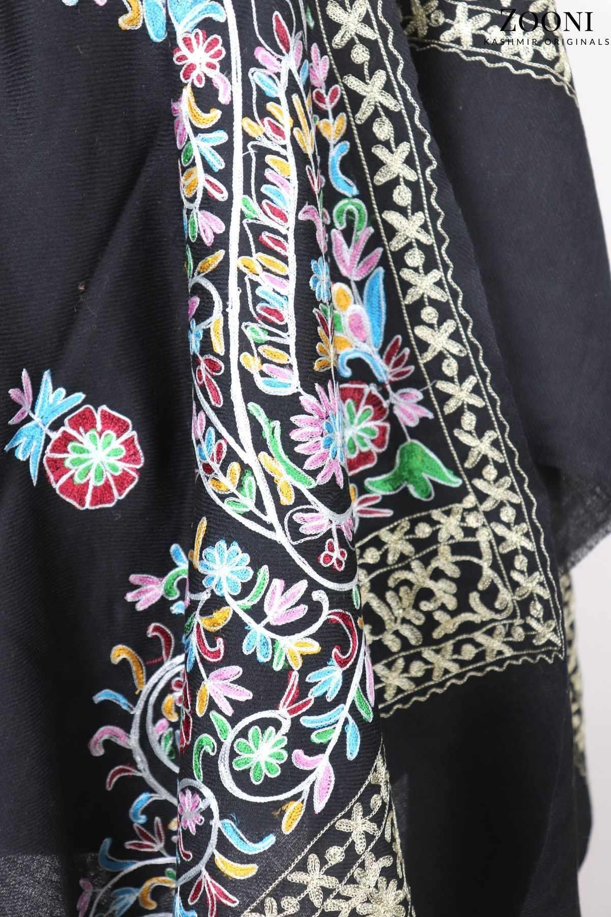 Superfine Cashmere Aari Embroidered Wrap - Black Floral - Zooni | Kashmir Originals