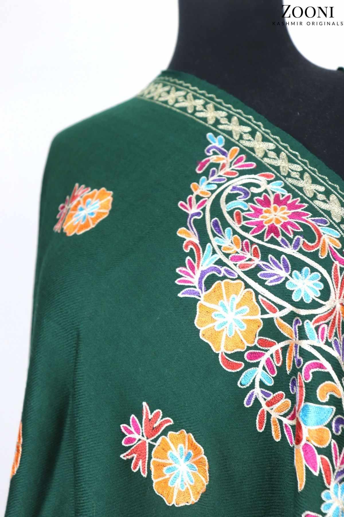 Superfine Cashmere Aari Embroidered Wrap - Emerald Green - Zooni | Kashmir Originals