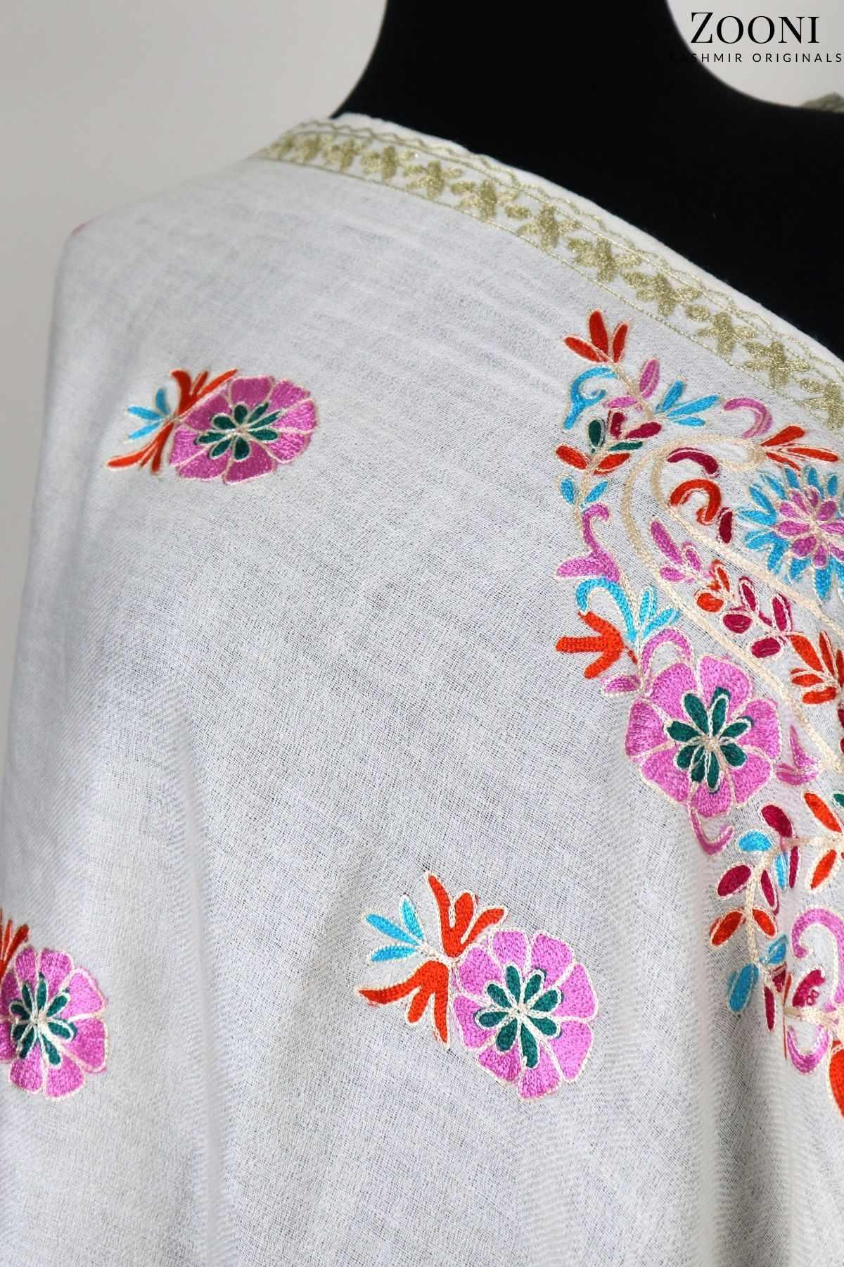 Superfine Cashmere Aari Embroidered Wrap - Pink and White Floral - Zooni | Kashmir Originals