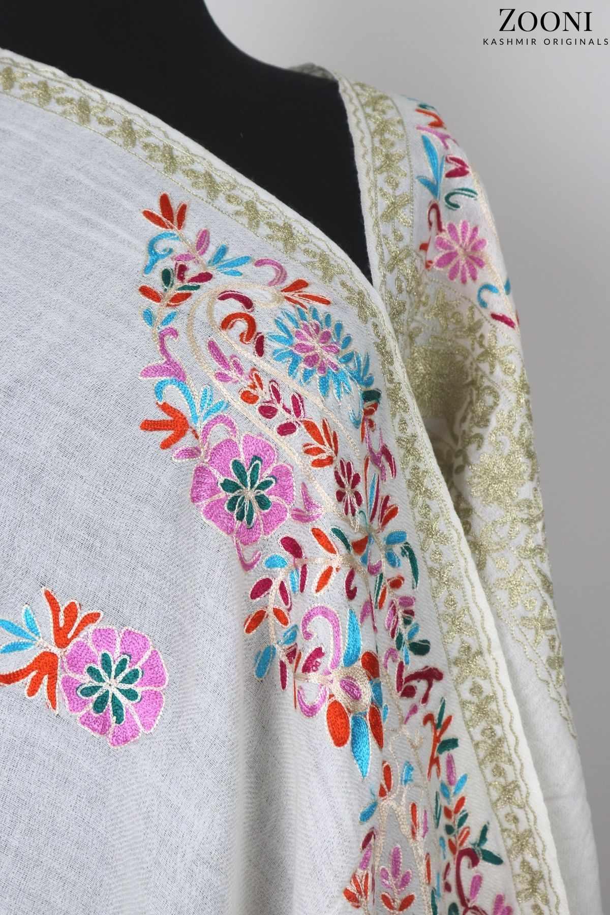 Superfine Cashmere Aari Embroidered Wrap - Pink and White Floral - Zooni | Kashmir Originals