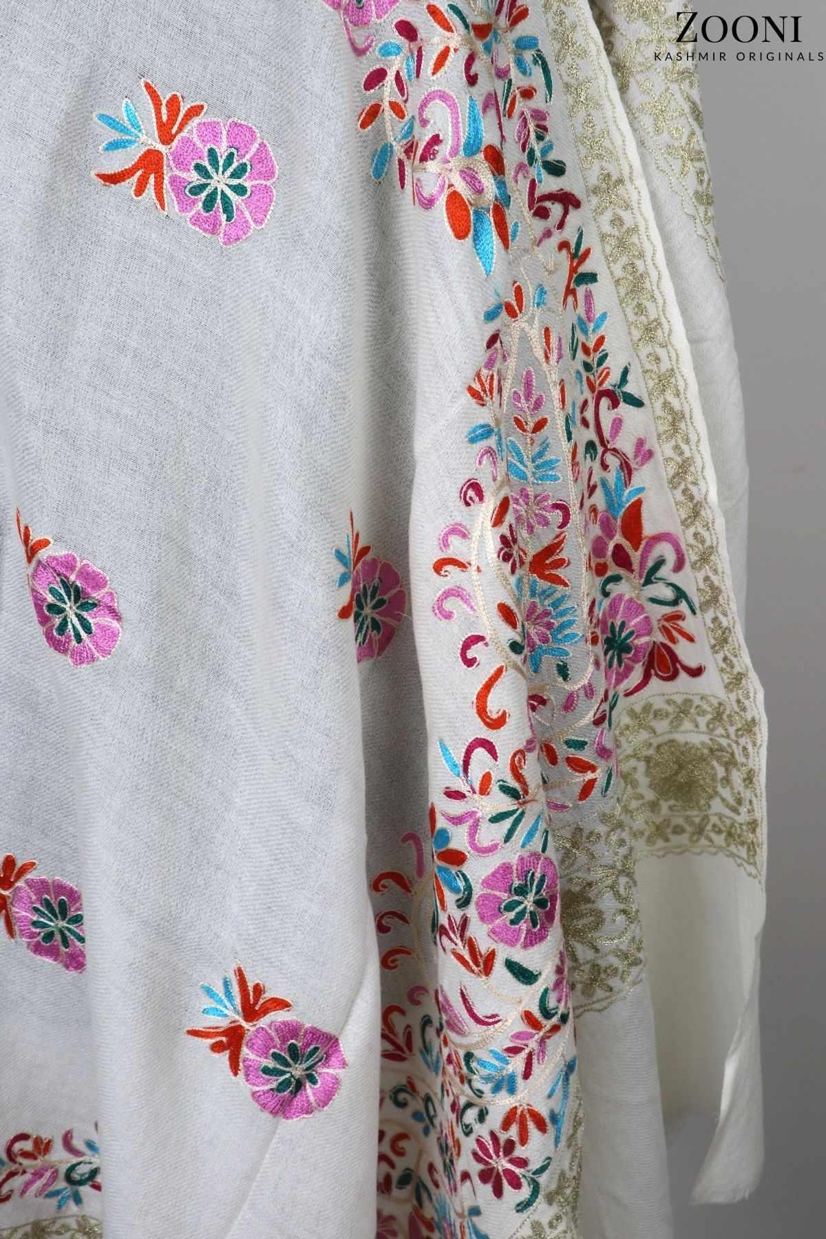 Superfine Cashmere Aari Embroidered Wrap - Pink and White Floral - Zooni | Kashmir Originals